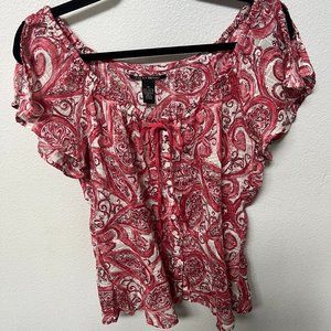 Lucky Brand light weight blouse, red, and white with cute bow.